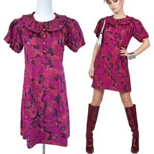 Marc Jacobs Y2k Ikat  Pink Cotton A-line Dress 6 Ruffle Peter Pan Collar Twee
